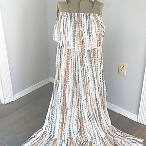 FREE PEOPLE TIE DYE BOHO COTTON BLEND SMOCKED BELL BOTTOM ONE PIECE WOMANS M